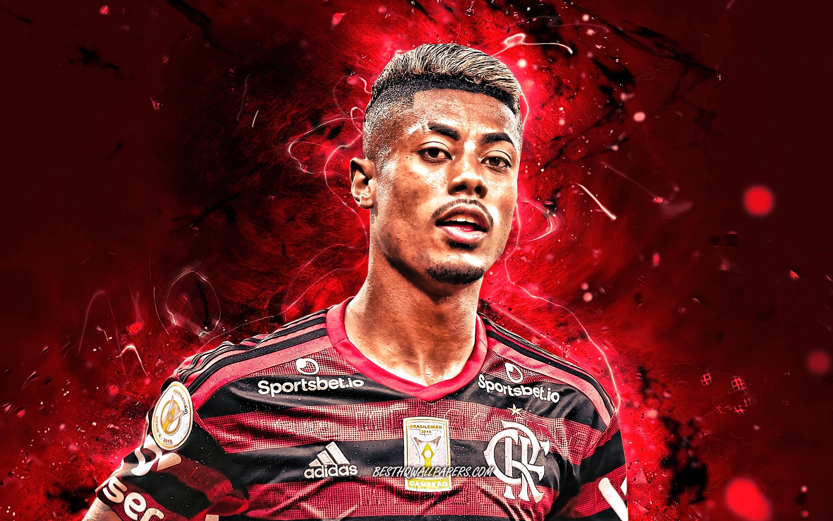 2880x1800 Download wallpaper Bruno Henrique, brazilian footballers, Flamengo FC, striker, Bruno Henrique Pinto, red neon lights, Serie A, Brazil, football, Bruno Henrique Flamengo for desktop with resolution. High Quality HD picture, Desktop