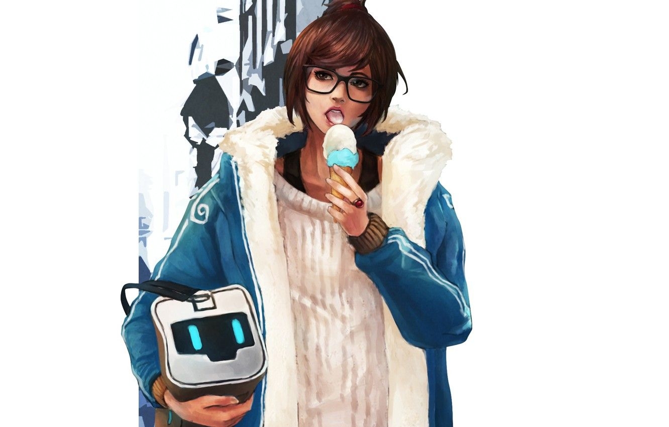 1340x850 Wallpaper Glasses, Ice Cream, Bag, Art, Mei, Overwatch, Mei Ling, Desktop