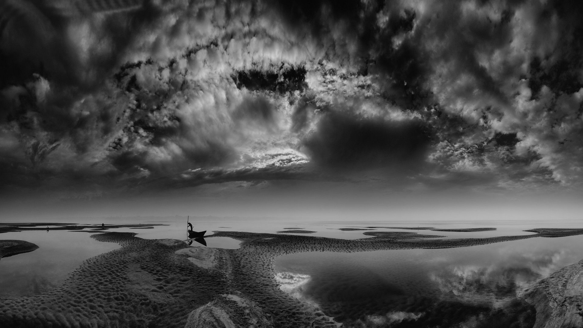 1920x1080 landscape, Nature, Clouds, River, Bangladesh, Monochrome, Boat, Desktop