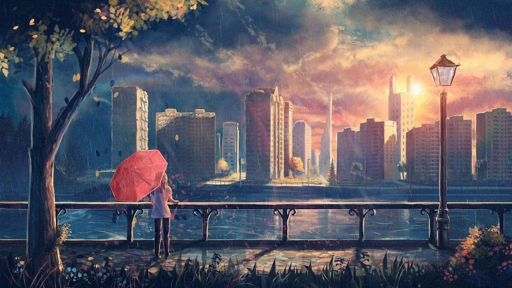 2000x1130 Artwork, Fantasy Art, Anime, Rain, City, Park, Umbrella, Desktop