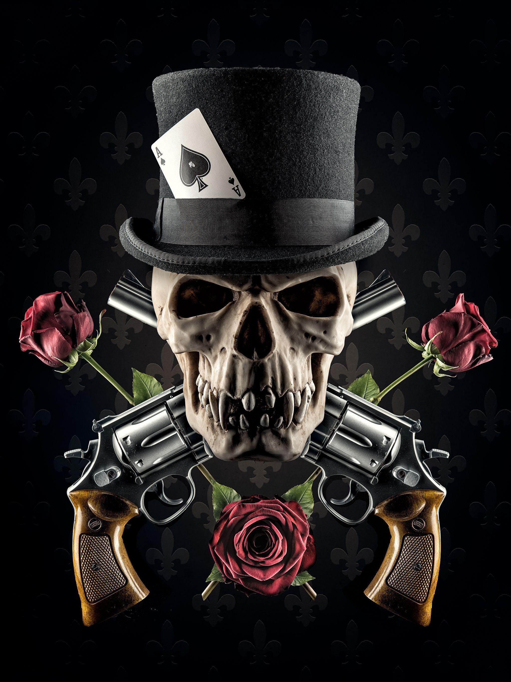 2050x2740 Photos Skulls Revolver Hat Roses Fantasy Black background, Phone