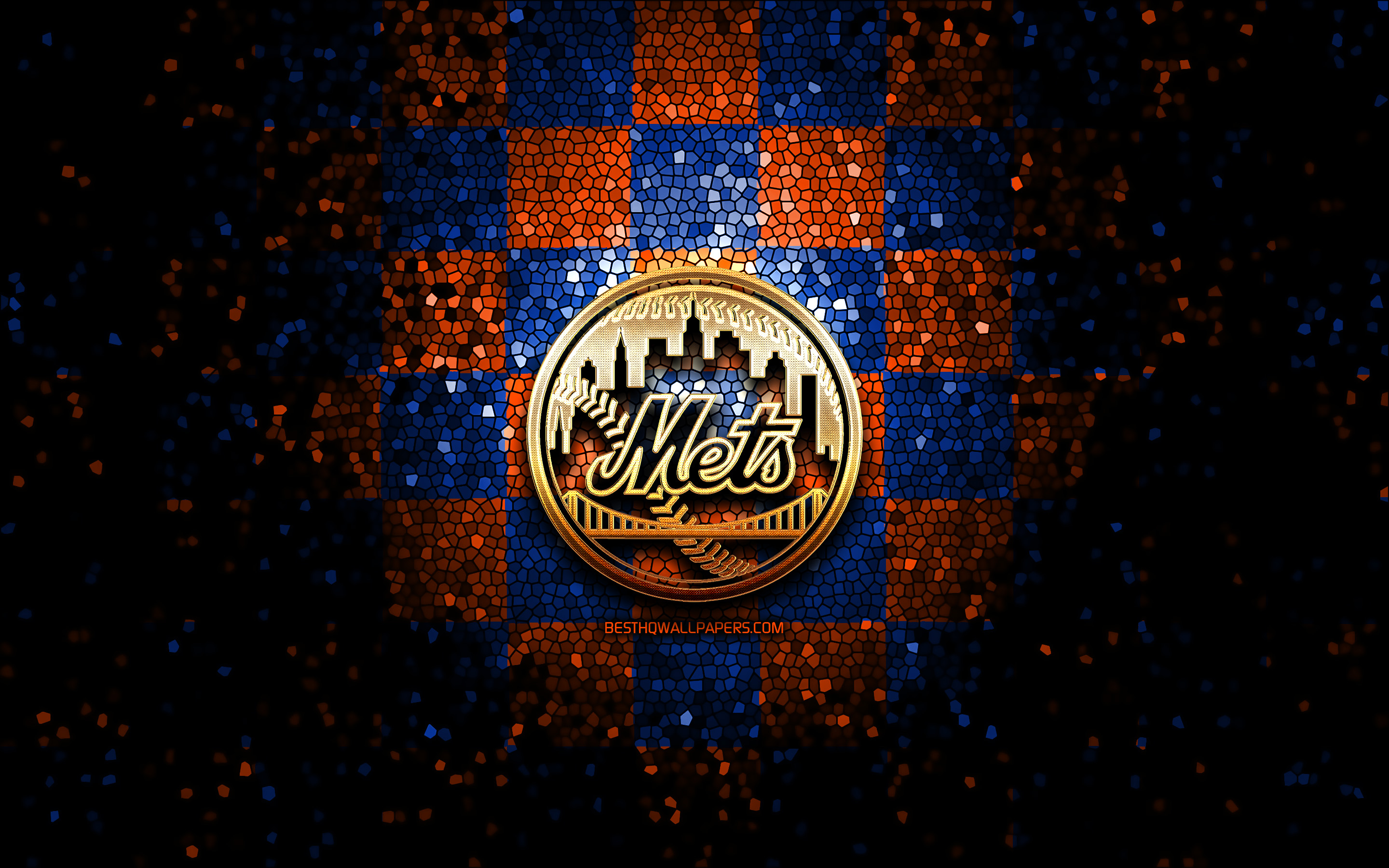 2880x1800 Download wallpaper New York Mets, glitter logo, MLB, blue orange checkered background, USA, american baseball team, New York Mets logo, mosaic art, baseball, America, NY Mets for desktop with resolution. High, Desktop