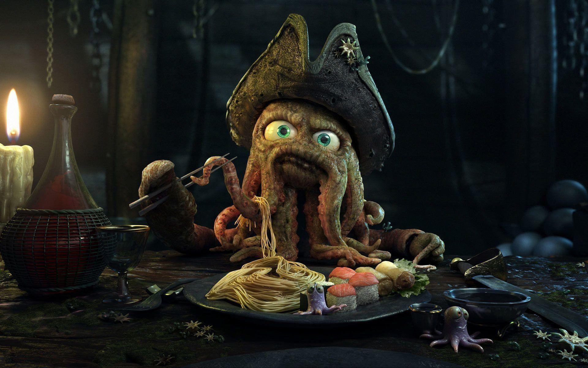 1920x1200 Funny octopuses digital art dinner Davy Jones wallpaper, Desktop