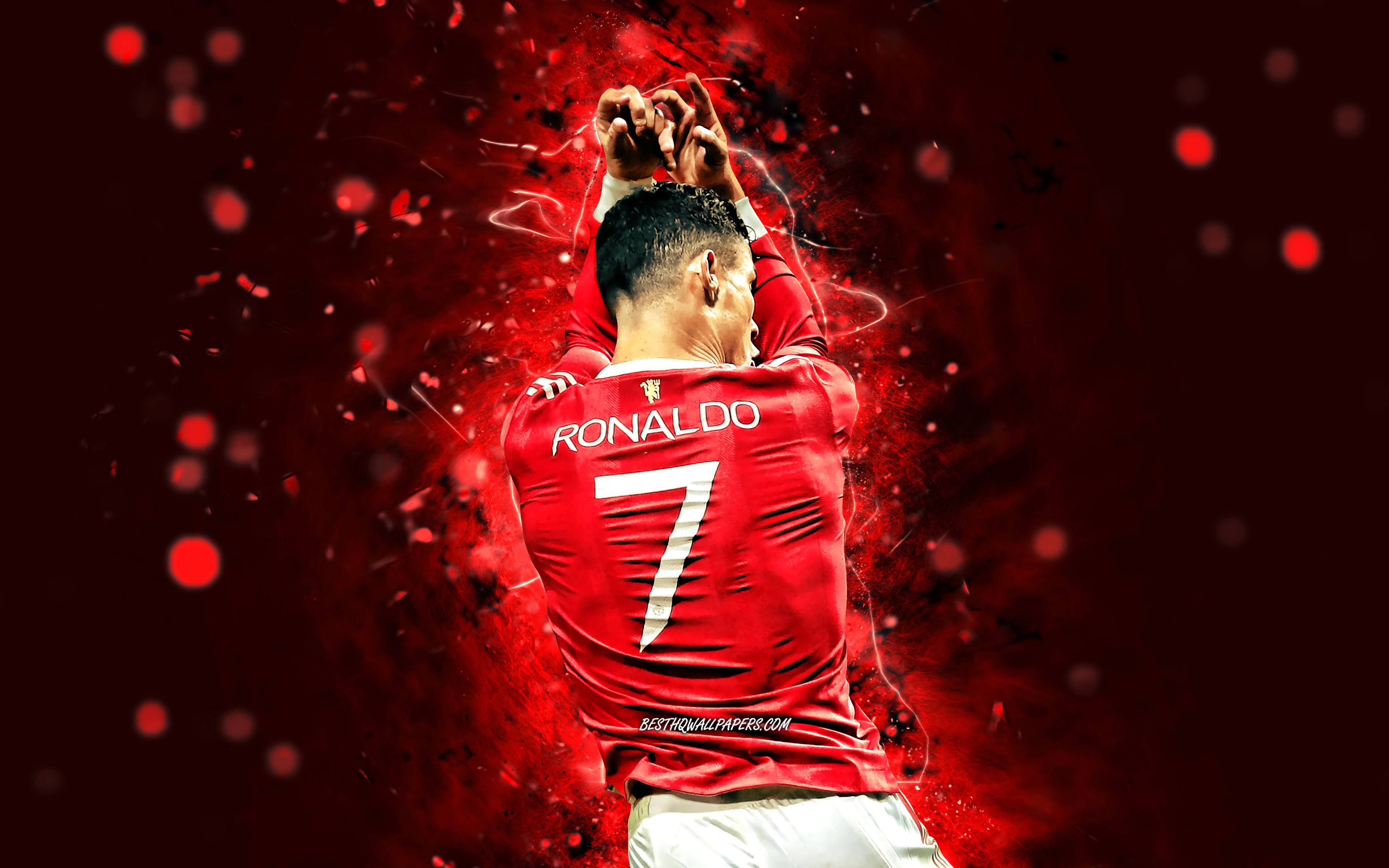 3840x2400 Download wallpaper Cristiano Ronaldo in jump, 4k, red neon lights, CR football stars, portuguese footballers, back view, Manchester United FC, Cristiano Ronaldo, Cristiano Ronaldo Manchester United, CR7 Man United, soccer, Cristiano Ronaldo, Desktop