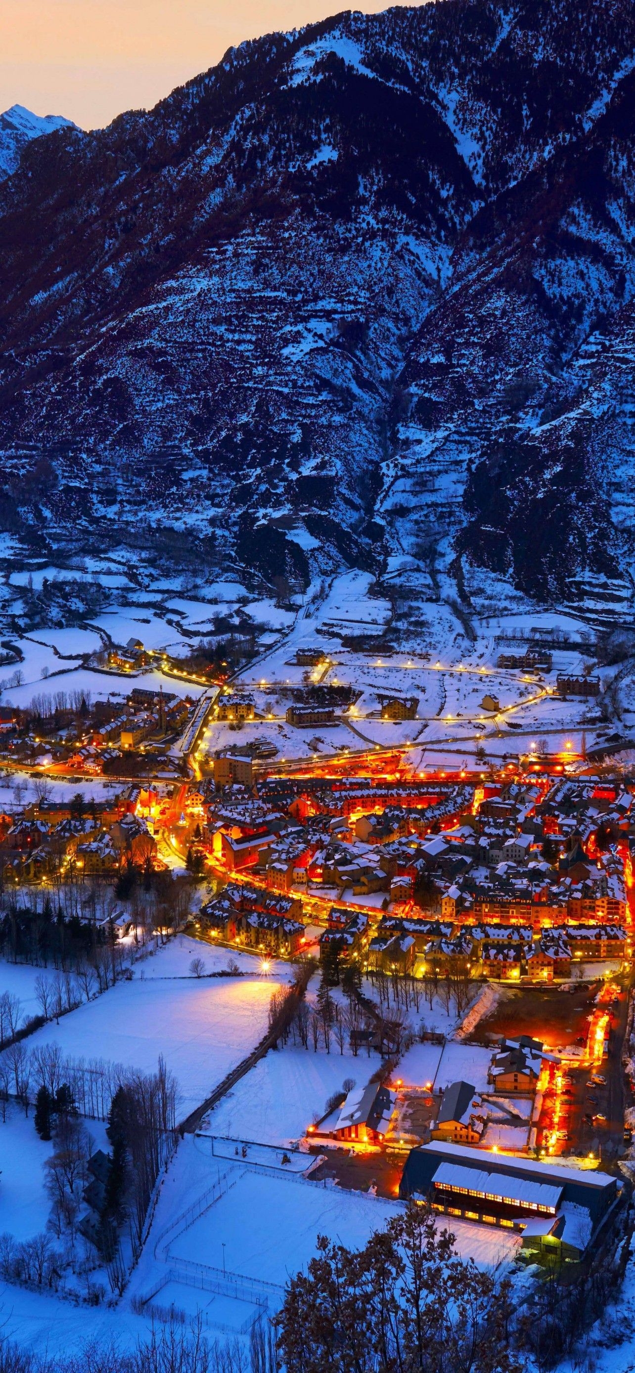 1290x2780 Spanish village 4K Wallpaper, Benasque, Town, Winter, Pyrenees, Mountains, Night, Snow covered, 5K, 8K, World, Phone