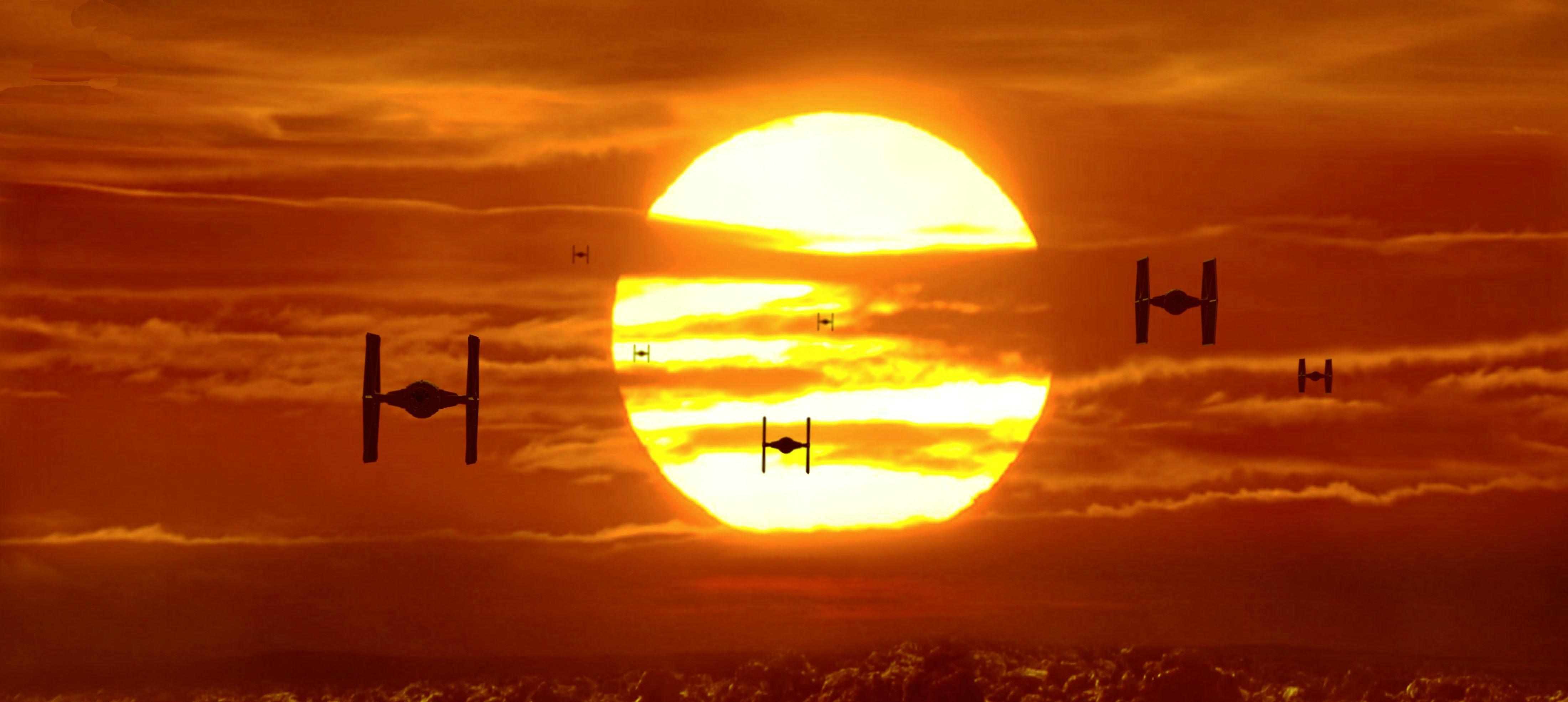 4400x1970 Star Wars TIE Fighter sunset 4k wide wallpaper, Dual Screen