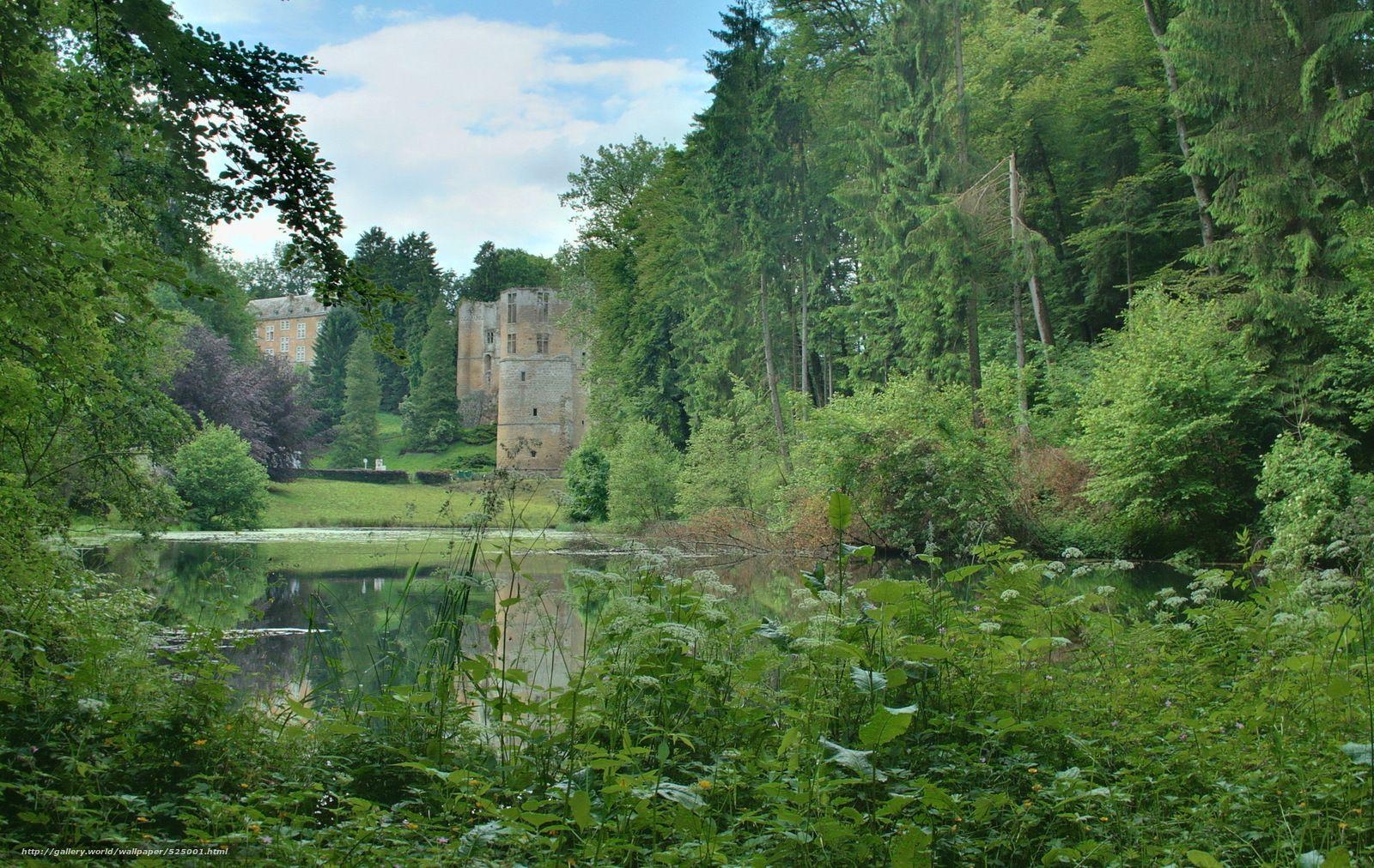 1600x1020 Download wallpaper beaufort castle, luxembourg, grass, pond free, Desktop