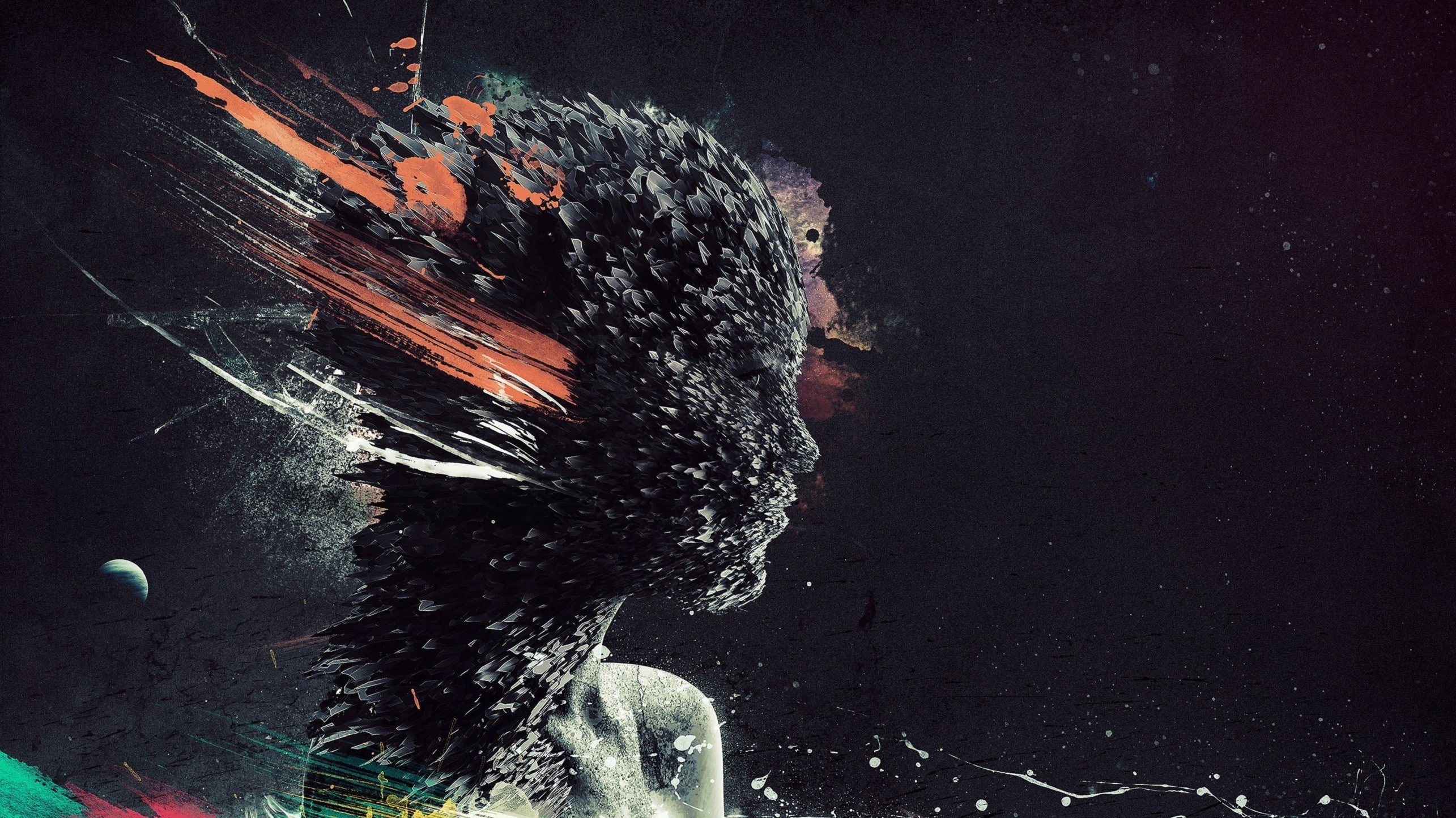 2570x1450 Wallpaper / grunge, women, smoke, digital art, shapes, fantasy Art, 4K, profile, Paint Splatter, artwork, Adobe Photohop, abstract, face free download, Desktop