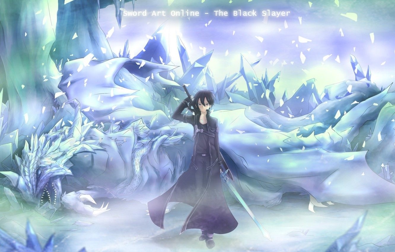 1340x850 Wallpaper cold, ice, weapons, dragon, sword, anime, art, guy, cloak, sword art online, kirito, asakurashinji image for desktop, section сёнэн, Desktop