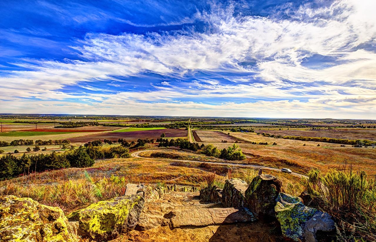 1280x830 Wallpaper USA Kansas Nature Sky Fields Stones Clouds, Desktop