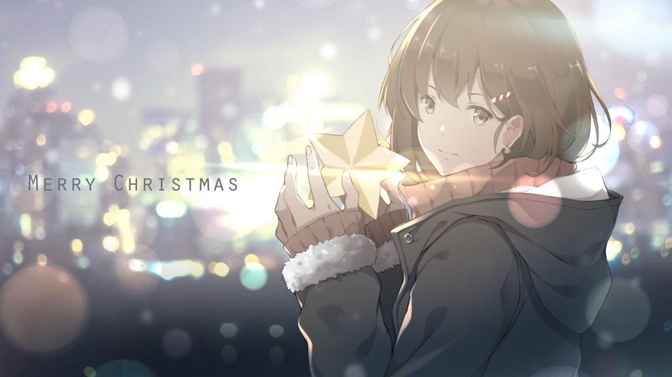 1370x770 Download  Anime Girl, Merry Christmas, Winter, Star Wallpaper for Laptop, Notebook, Desktop