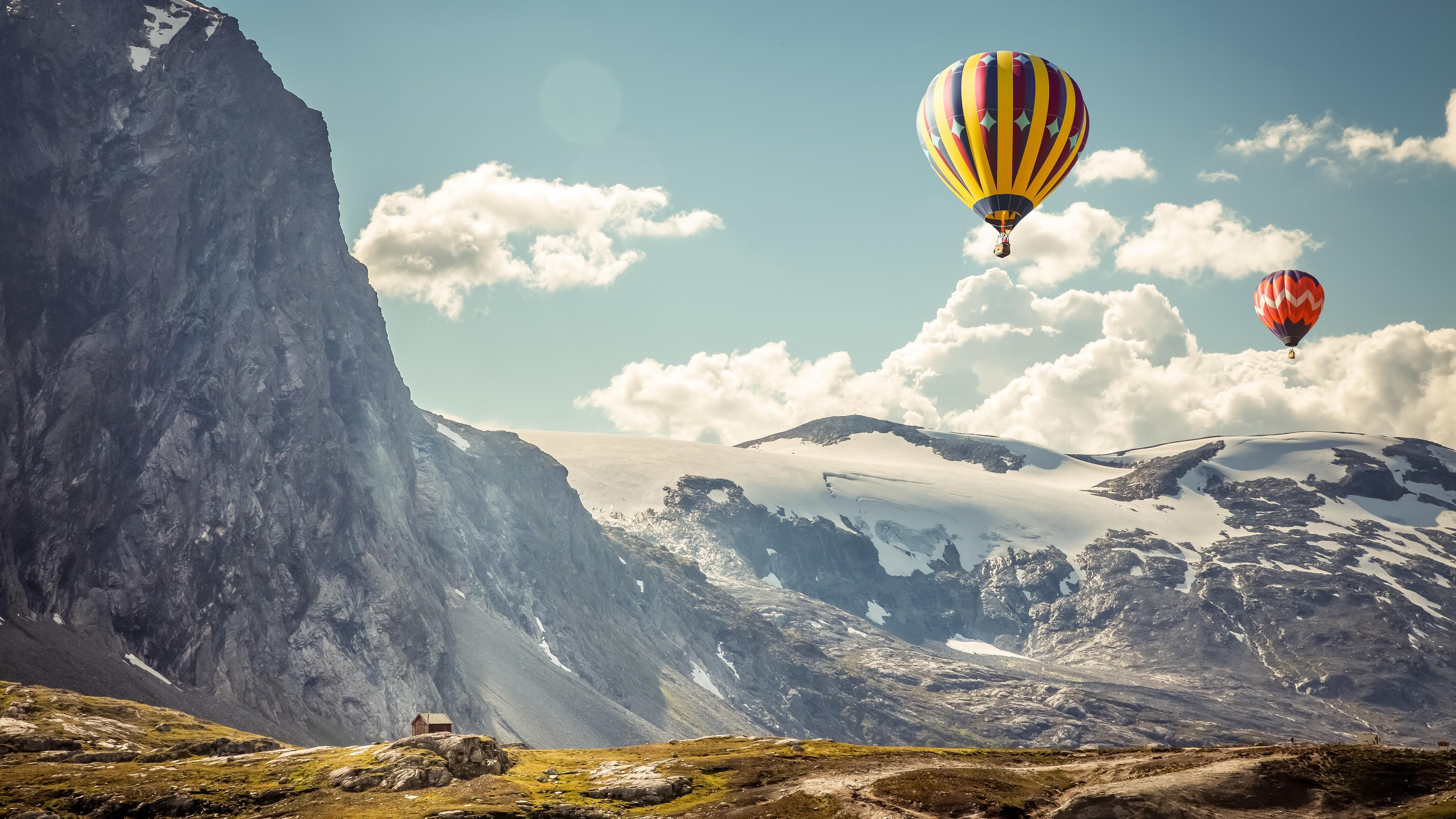 5120x2880 Download  Hot Air Balloon, Scenic, Mountain, Clouds, House, Desktop