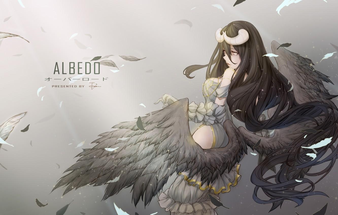 1340x850 Wallpaper girl, wings, anime, feathers, art, horns, albedo, overlord, Desktop