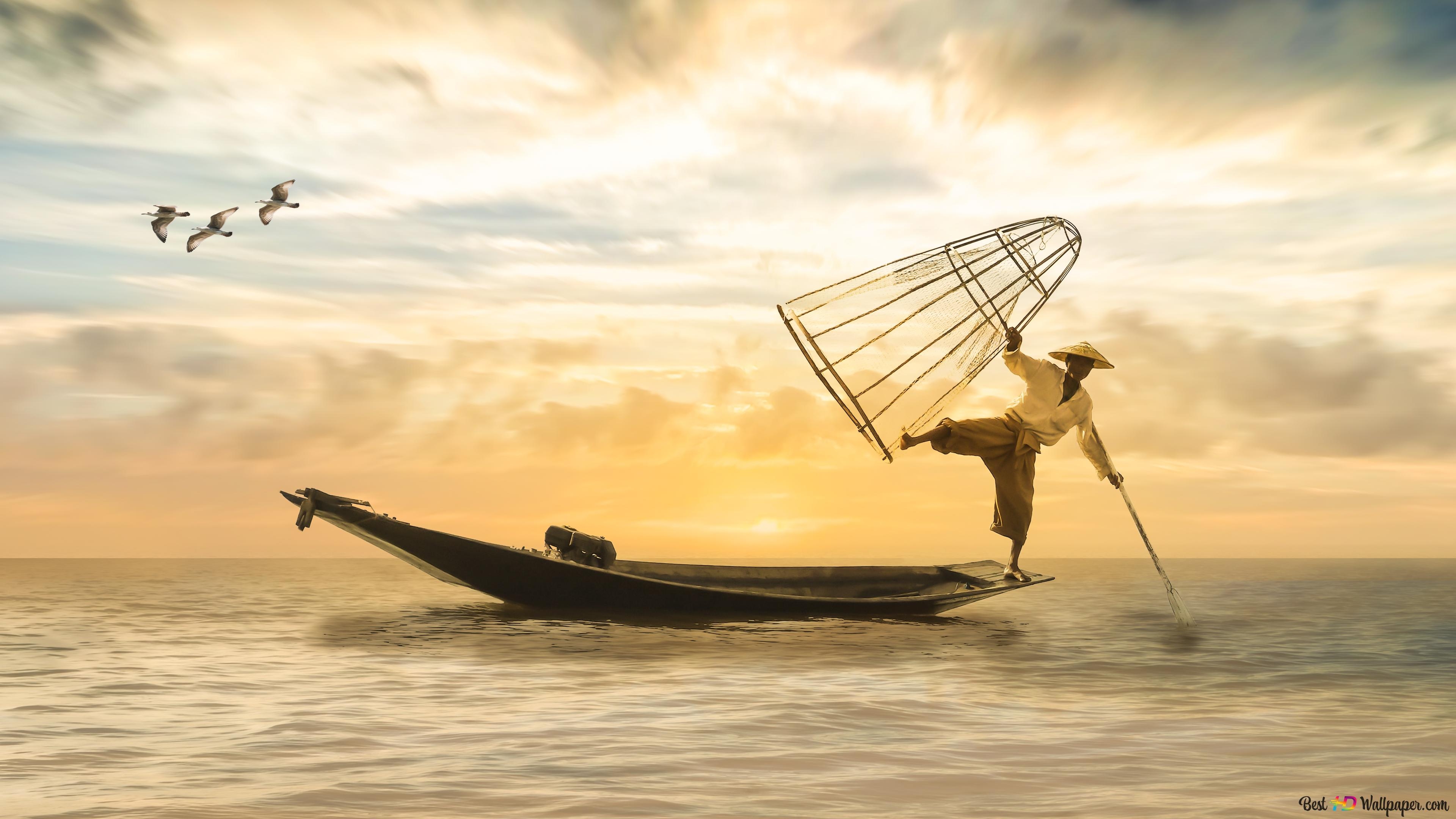 3840x2160 fisherman fishing at sunset 4K wallpaper download, Desktop