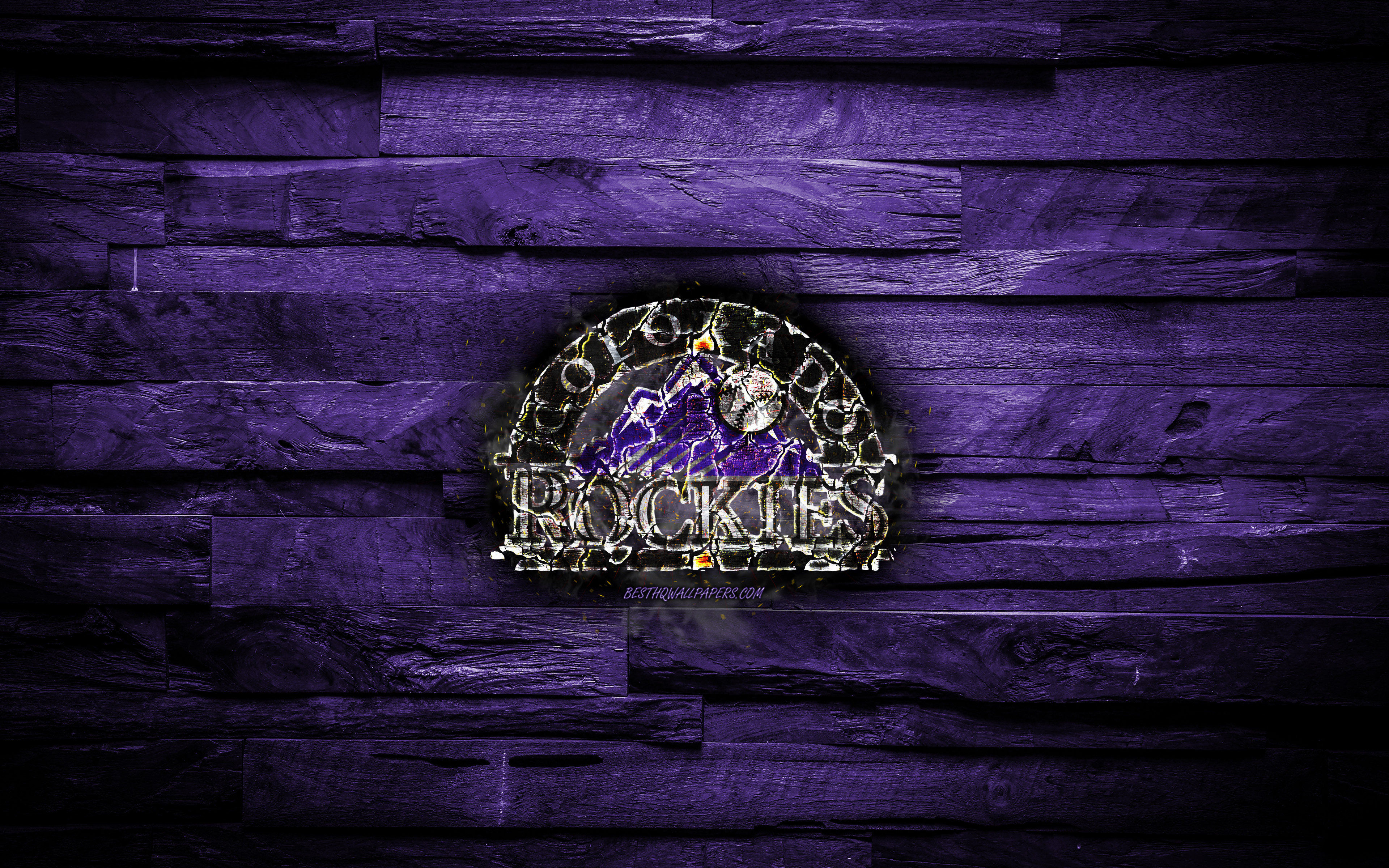 3840x2400 Download wallpaper Colorado Rockies, 4k, scorched logo, MLB, violet wooden background, american baseball team, The Rox, grunge, baseball, Colorado Rockies logo, fire texture, USA for desktop with resolution. High Quality HD, Desktop