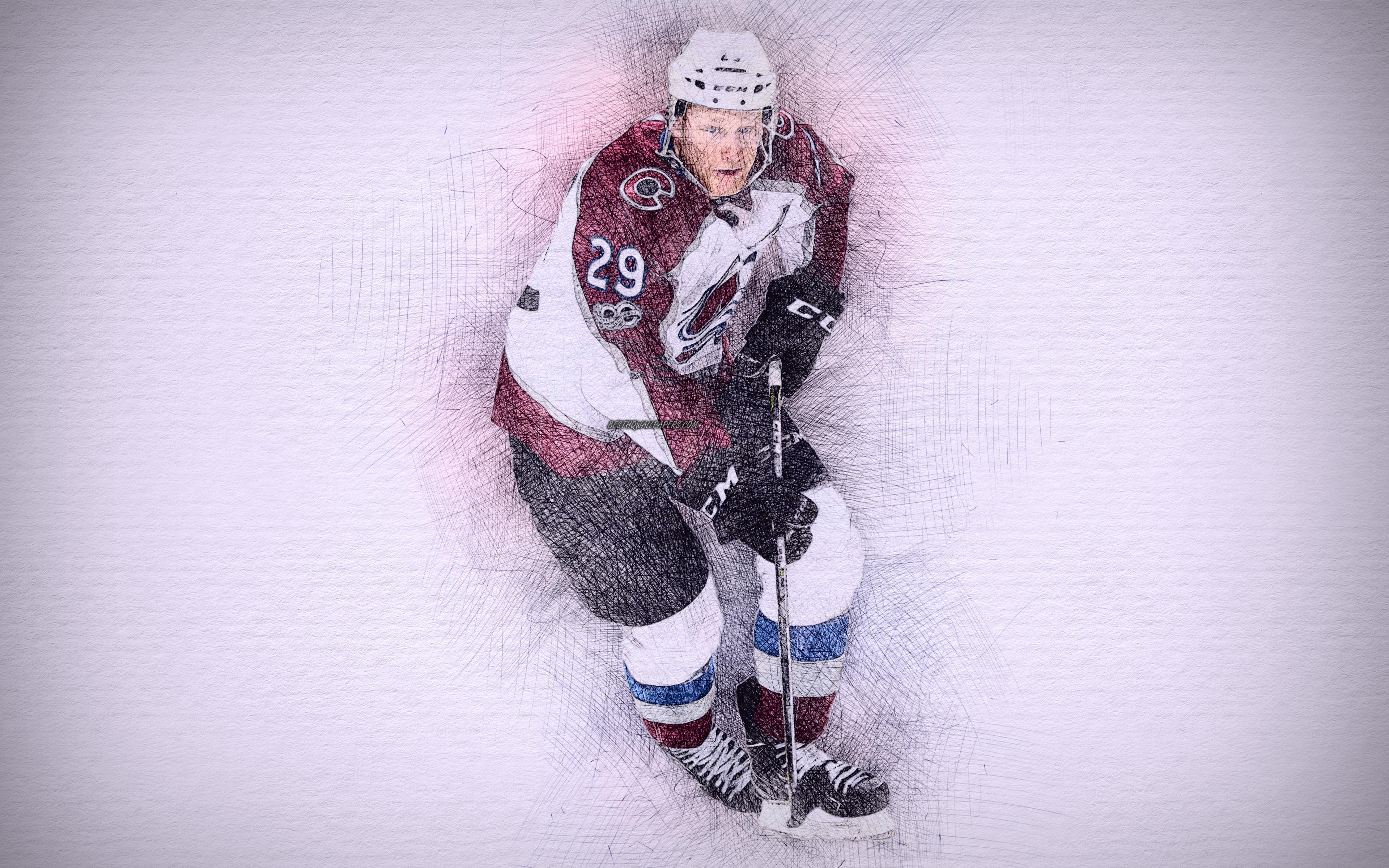 3840x2400 Download wallpaper Nathan MacKinnon, 4k, artwork, hockey stars, Desktop