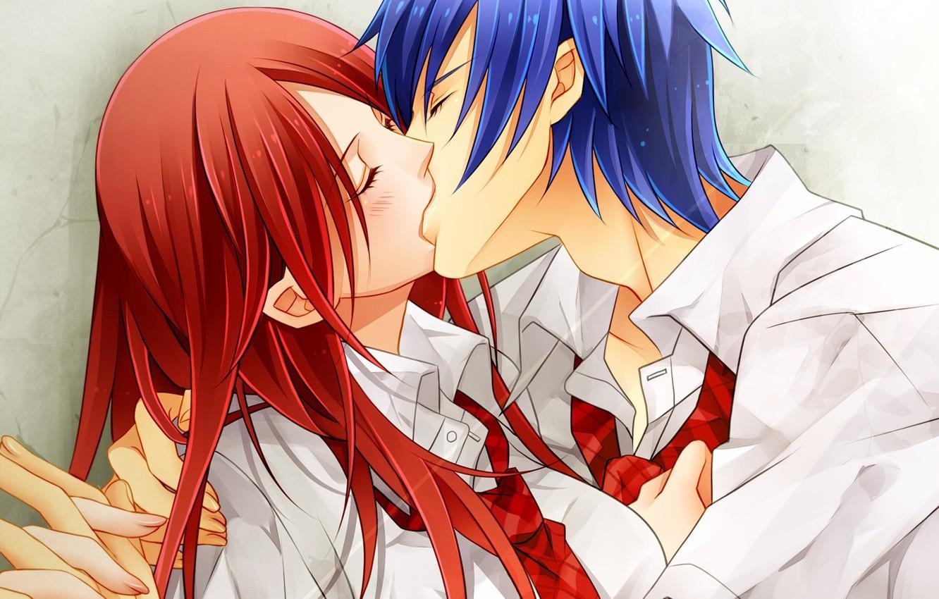 1340x850 Wallpaper girl, romance, kiss, anime, art, guy, two, Fairy Tail, Desktop