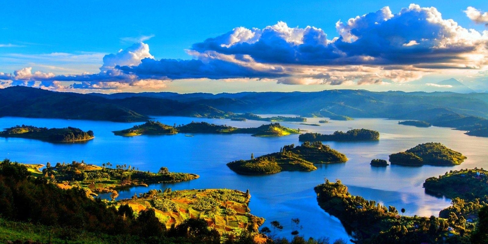 1600x800 Lake: Mountains Sunrise Clouds Islands Lake Bunyonyi Uganda Fields, Dual Screen