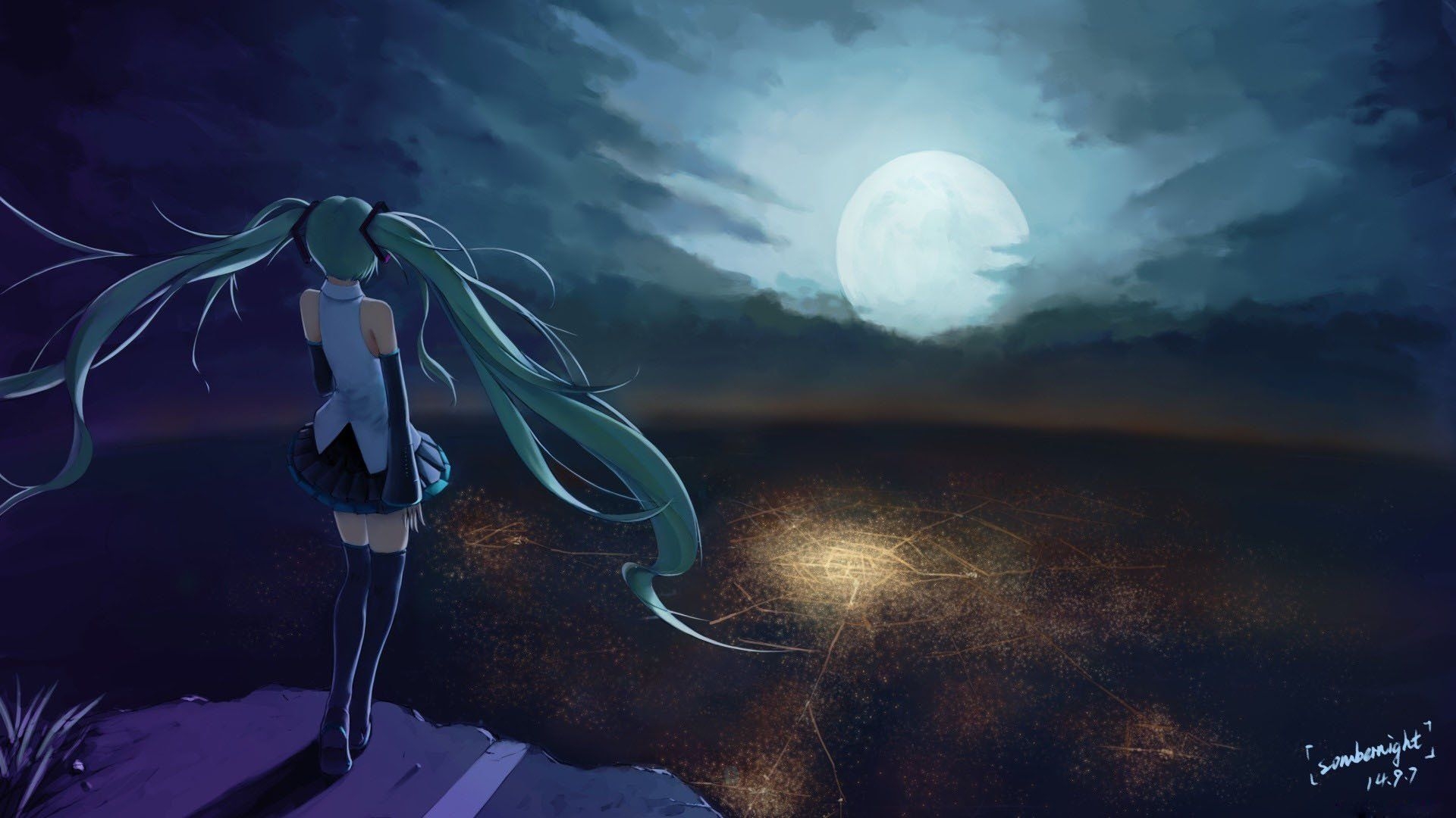 1920x1080 Anime character series beautiful girl vocaloid moon sky alone, Desktop